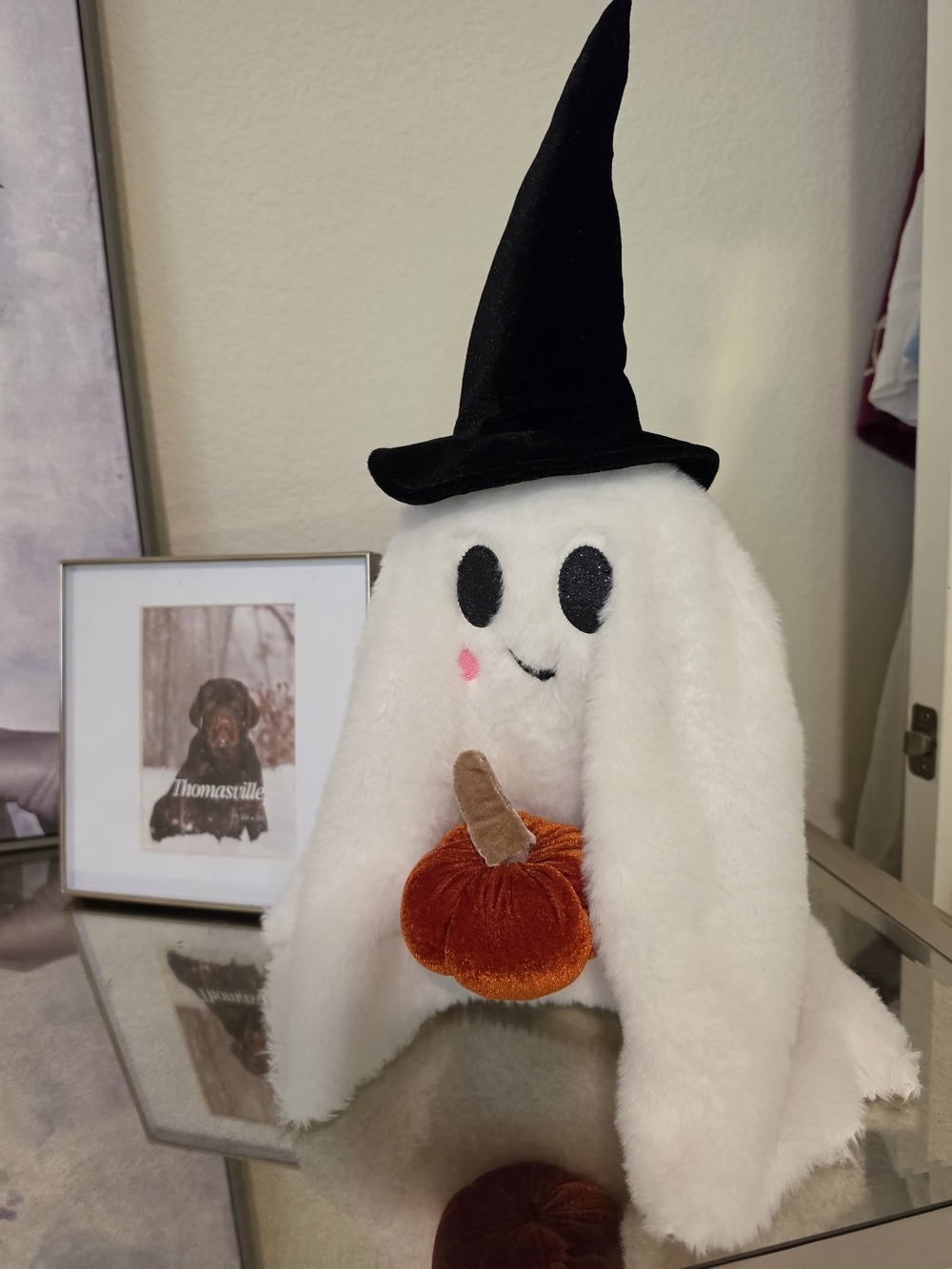 Plush Ghost with Black Witch Hat and Orange Pumpkin